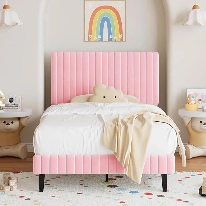 Twin Size Bed Frame, Velvet Upholstered Platform Bed with Vertical Channel Tufted Headboard and Footboard, No Box Spring Required, Easy Assembly, Pink-Ruum Studio Home