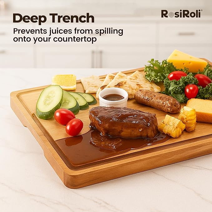Acacia Wood Cutting Board for Kitchen - 1 inch Thick FSC Certified Wood Charcuterie Cheese Board with Side Handles and Juice Grooves, Wooden Chopping Block for Meat and Veggies, 17x12 inch-Ruum Studio Home