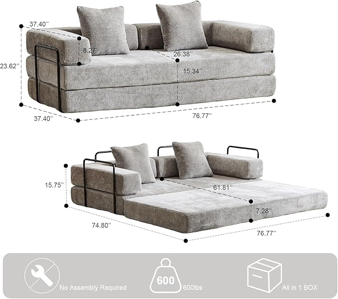 Convertible Sleeper Sofa Bed, Compression Folding Sofa with Pillow, No Assembly Required, Shape Frame, Floor Sofas Lounge Couchs for Living Room, Bedroom, Small Spaces(Chenille, 77''W, Light Grey)-Ruum Studio Home