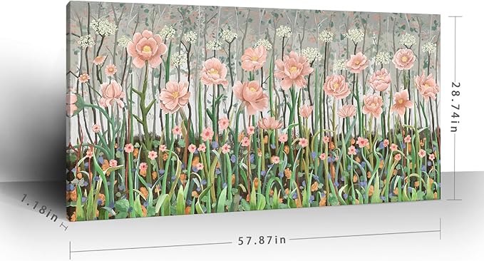 amatop Extra Large Floral Wall Picture for Living Room Modern Botanical Canvas Prints Flower Field Wall Decor Abstract Nature Art Wildflower Garden Pink Green Stretched Artwork Bedroom Office 58x29 in-Ruum Studio Home