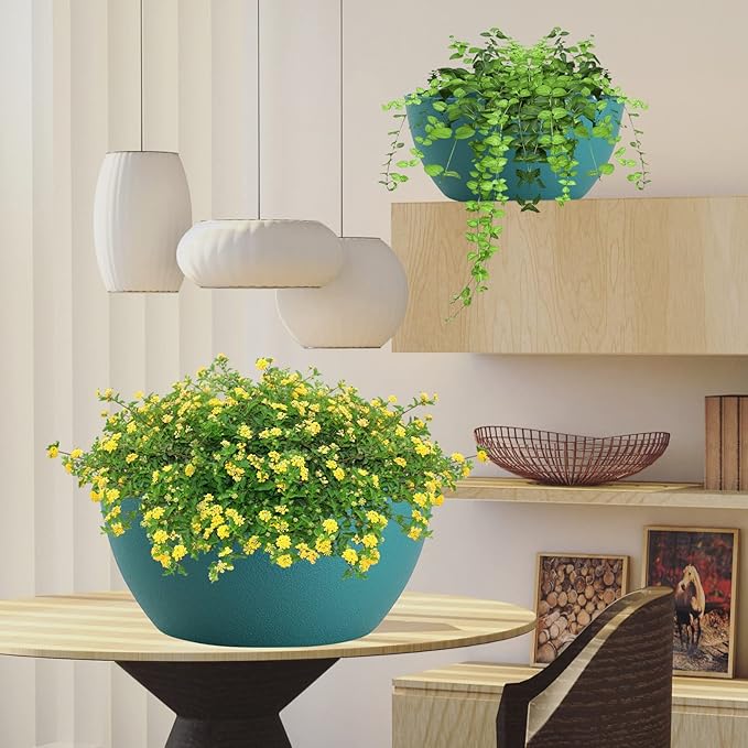 WOUSIWER 13 inch 2 Pack Large Hanging Planters for Indoor Outdoor Plants with Drainage Holes and Chain, Round Hanging Flower Pots for Garden Home Porch Decor, Myrtle Green-Ruum Studio Home