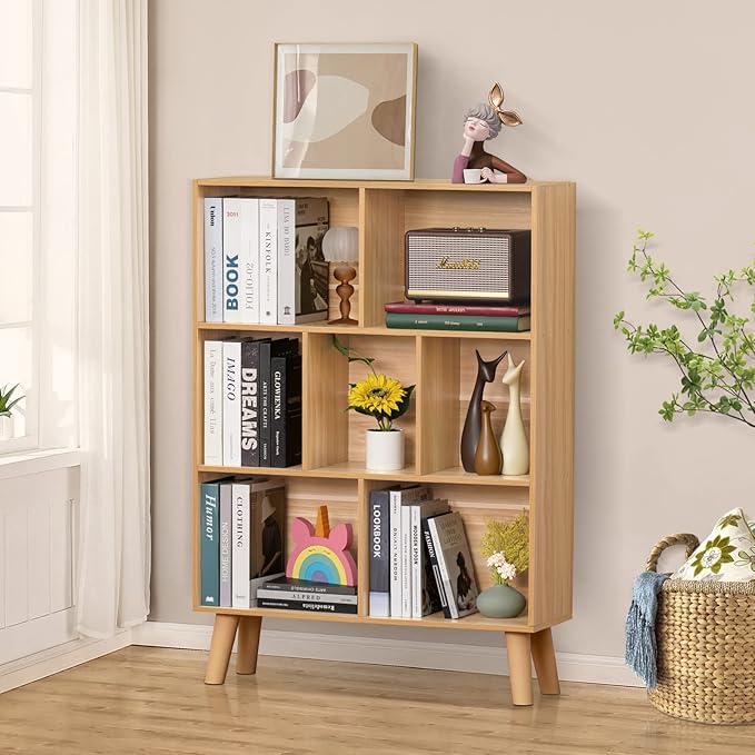 LEYAOYAO Wooden 7 Cube Book Shelf, Natural 3 Tier Bookshelf with Legs, Modern Open Storage Organizer,Boho Bookcase,Display Cabinet Shelf Free Standing Bookshelves for Bedroom,Living Room,Office-Ruum Studio Home