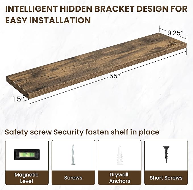 55 Inch Floating Shelves, 55"x9.25"x1.5" Inch Deep Floating Shelves for Wall, Wooden Shelves for Bathroom, Bedroom, Living Room, Brown-Ruum Studio Home
