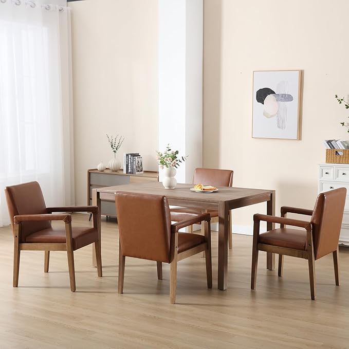 Kmax Modern Dining Chairs Set of 4 Faux Leather Kitchen Arm Chairs Upholstered Accent Chairs with Wooden Legs for Dining Room, Living Room, Bedroom, Brown-Ruum Studio Home