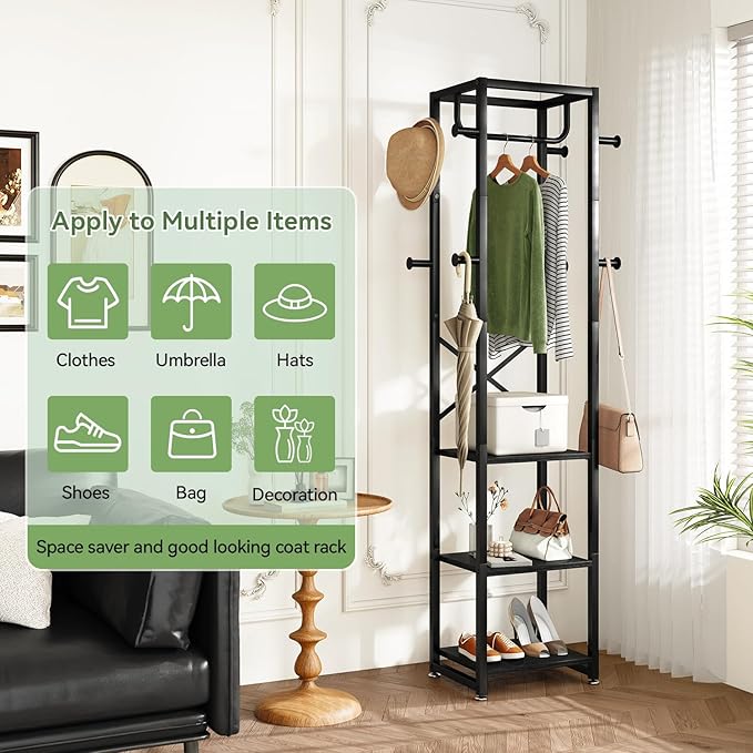 IBUYKE Coat Rack with Shelves, Freestanding Hall Tree with 3 Shelves and 8 Hooks, Industrial Clothes Stand for Entryway, Hallway, Bedroom, Black UTMJ088B-Ruum Studio Home