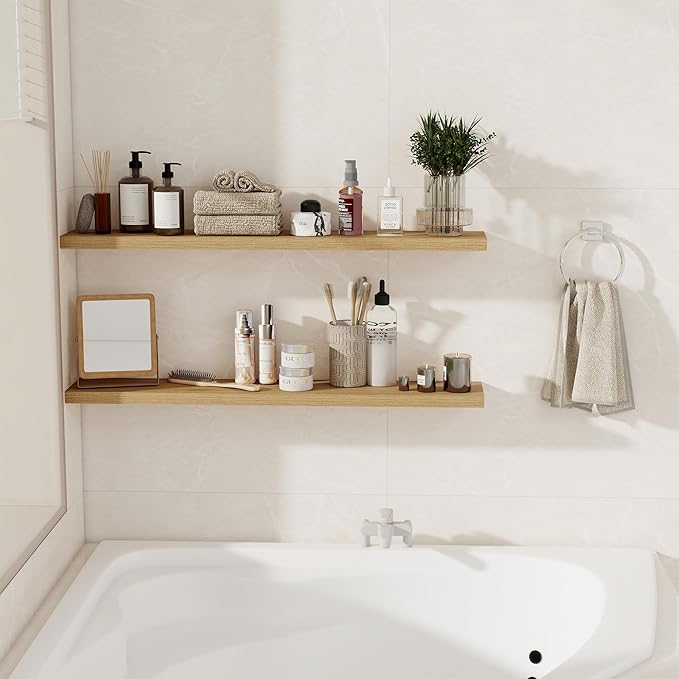 Fun Memories Floating Shelves for Wall, 40" Rustic Wood Deep Wall Mounted Shelves with Invisible Brackets for Decor & Storage, Floating Shelf for Living Room, Bathroom (Oak, Set of 2)-Ruum Studio Home