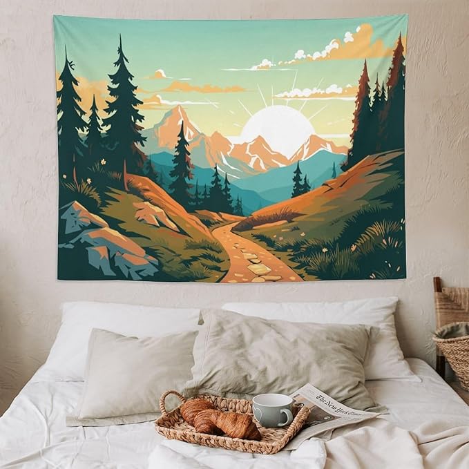 HZOHNAGO Mountain Tapestry Forest Mountain Sunrise Road Pattern Printed Wall Tapestry Wall Hanging for Bedroom Living Room Dorm 80" W x 60" H-Ruum Studio Home