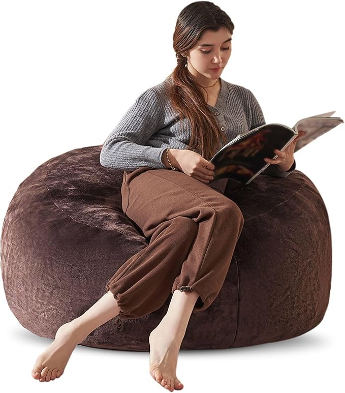 Bean Bag Chair 3Ft, Memory Foam Filled, Large Beanbag Chairs for Adults and Teens, Soft Sofa with Removable Flannel Cover, Round Couch for Living Room Bedroom College Dorm (Brown, 3FT-36×36"×24")-Ruum Studio Home