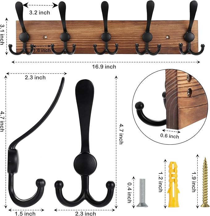Coat Rack Wall Mount Wooden Hat Rack for Wall Hooks Pine Real Wood Plank 16.9" Brown Coat Hanger with 5 Triple Hooks for Hanging Coat Hat Jacket-Ruum Studio Home