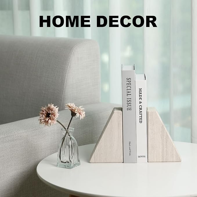 Marble Book Ends for Heavy Books, Decorative Bookends for Shelves, Durable and Heavy-Duty Bookends for Hardback Book & CDS, Off-White Unique Books Stopper & Holder, Set of 2-Ruum Studio Home
