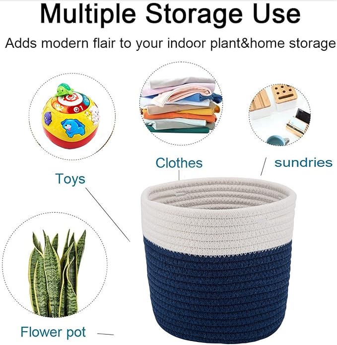 Cotton Rope Plant Basket Woven Baskets for 6" Pot Floor Indoor Planters,Rustic Home Decor H6 3/4" x W6 1/2" White Stitching Navy Blue-Ruum Studio Home