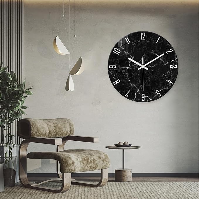 Oversized Decorative Clocks Battery Operated 24 Inch Marble Black Wall Clock for Office Round Non Ticking Wall Clock Silent-Ruum Studio Home