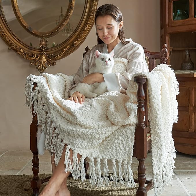 Amélie Home Knit Throw Blanket with Tassels for Couch, Luxury Boho Throw Blanket for Summer Ivory, 50"x60"-Ruum Studio Home