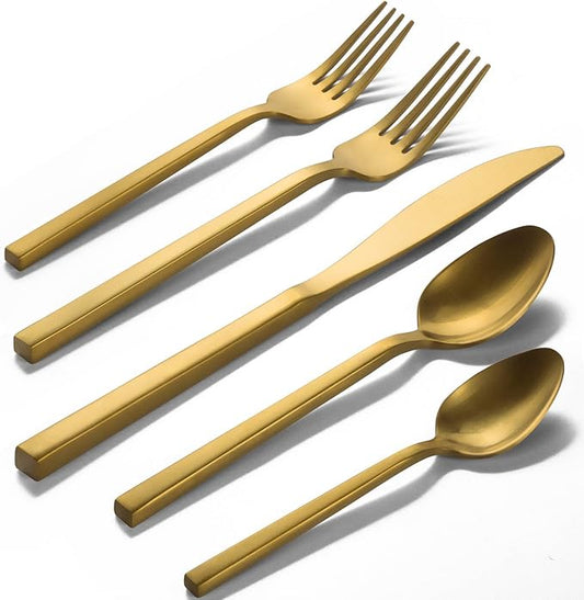 Alata Cube Gold 20-Piece Flatware Set, Forged Cutlery Set, Matte Gold Silverware Service for 4, Stainless Steel Tableware with Square Handle for Home/Restaurant, Dishwasher Safe-Ruum Studio Home