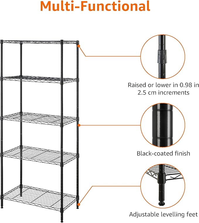 Amazon Basics 5-Shelf Multipurpose Adjustable Sturdy Steel Storage Shelving Unit, Easy Assembly, 13.4" D x 23.2"W x 60"H, Black-Ruum Studio Home