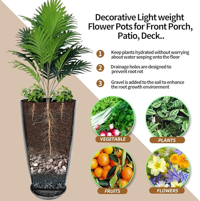 2 Pcs Pack 21 Inches Plastic Resin Tall Tapered Planter Pots Large Round Planter Flower Pot with Drainage Holes for Indoor Outdoor Deck Porch Garden Home Patio Front Door (Black, L)-Ruum Studio Home
