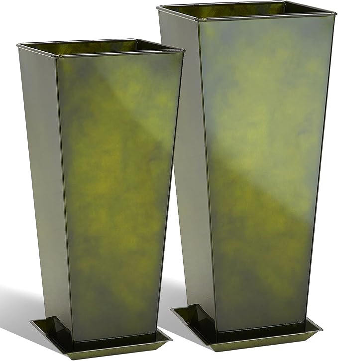 KOL 25'' & 28'' Tall Bright Glazed Planter with Insert, Set of 2, Galvanized Steel Planter Metal Pots with Drainage Hole for Indoor & Outdoor Use, Decorative Plant Pots for Front Porch, Patio - Green-Ruum Studio Home