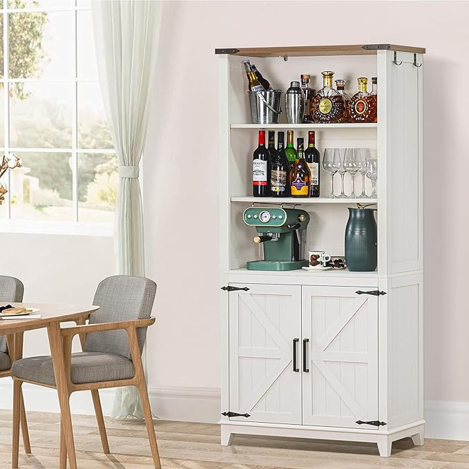 70in Tall Bookshelf 5 Tier Bookcase with Barn Doors and Storage Cabinet, White Farmhouse Book Shelf with Adjustable Shelves, Wood Freestanding Display Bookshelves for Bedroom, Kitchen (3PCS)-Ruum Studio Home