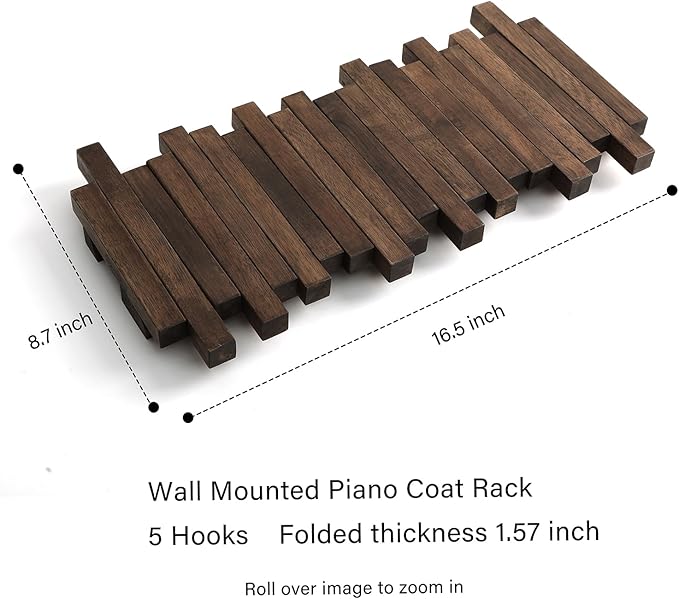 Wall Mounted Piano Coat Rack| Coat Rack Wall Mount| Flip Down Hook Rack 5 Hooks| Entryway Wall Art Hook,Made of Acacia Wood (Wood Wax Oil Dyed Walnut Color).Wall Art-Ruum Studio Home