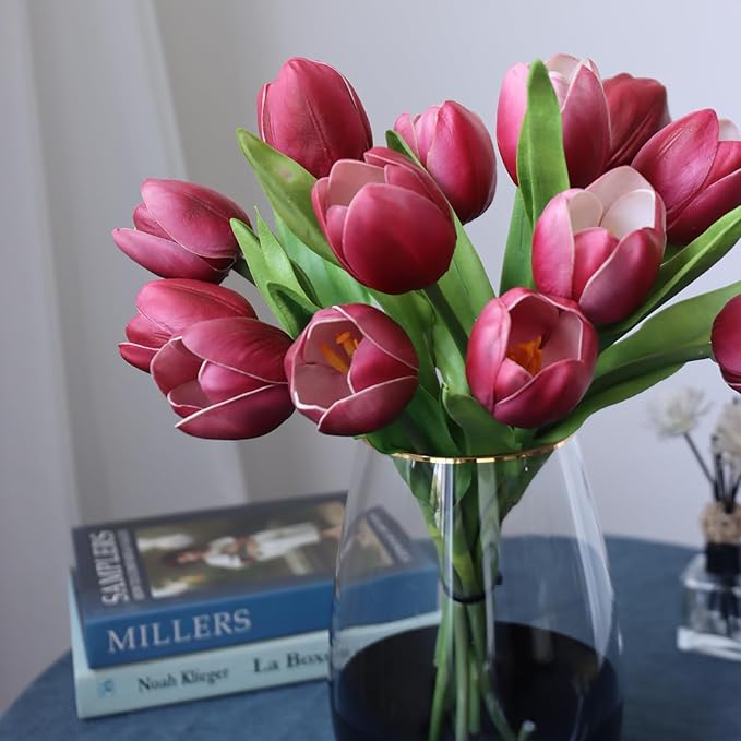 Buart Wine red Tulip Flowers Artificial Luxury Big Tulip Valentine's Day Mother's Day Easter Home Kitchen Wedding Decorations(11pcs)-Ruum Studio Home