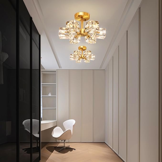 Semi Flush Mount Ceiling Light Fixture Modern 6 Lights Gold Crystal Chandelier,Brushed Nickel Sputnik Chandeliers for Hallway Entryway Bedroom Dining Room Farmhouse Kitchen Office-Ruum Studio Home