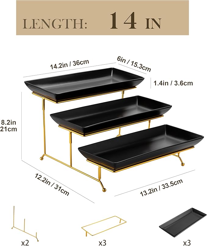 MALACASA 3 Tier Serving Trays for Party, 14 Inch Porcelain Black Trays for Serving Food, Dessert Stand with Collapsible Gold Metal Rack-Ruum Studio Home