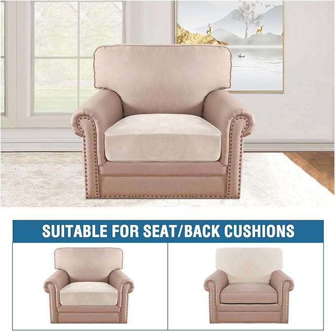 H.VERSAILTEX Velvet Stretch Couch Cushion Cover Plush Cushion Slipcover for Chair Cushion Furniture Protector Seat Cushion Sofa Cover (1 Piece Armchair Cushion Covers, Ivory)-Ruum Studio Home