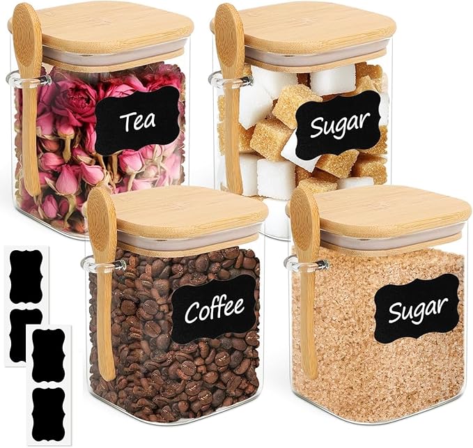 ComSaf 0.8 Qt Glass Jars with Bamboo Lids & Spoons Set of 4, Square Glass Containers with Lids, Sugar Coffee Containers Salt Spice Jars, Pantry Storage Container for Loose Tea, Candy, Brown Sugar, Nut-Ruum Studio Home