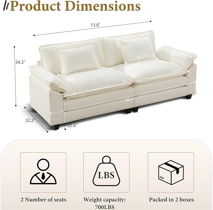 URRED Modular Sectional Sofa Comfy Cloud Couch, Modern Chenille Sofa Sleeper Deep Seat Couches with Ottoman/Pillows for Living Room (White, 82.6'')-Ruum Studio Home