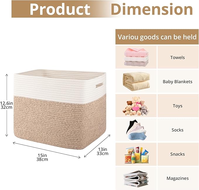 OIAHOMY 13 Kallax Inch Cube Storage Bins, 3-Pack Cotton Rope Woven Baskets for Organizing, Kallax Insert Storage Baskets for Shelves, Baby Nursery, Closet Organizer, 15*13*12.6IN, Brown & White-Ruum Studio Home