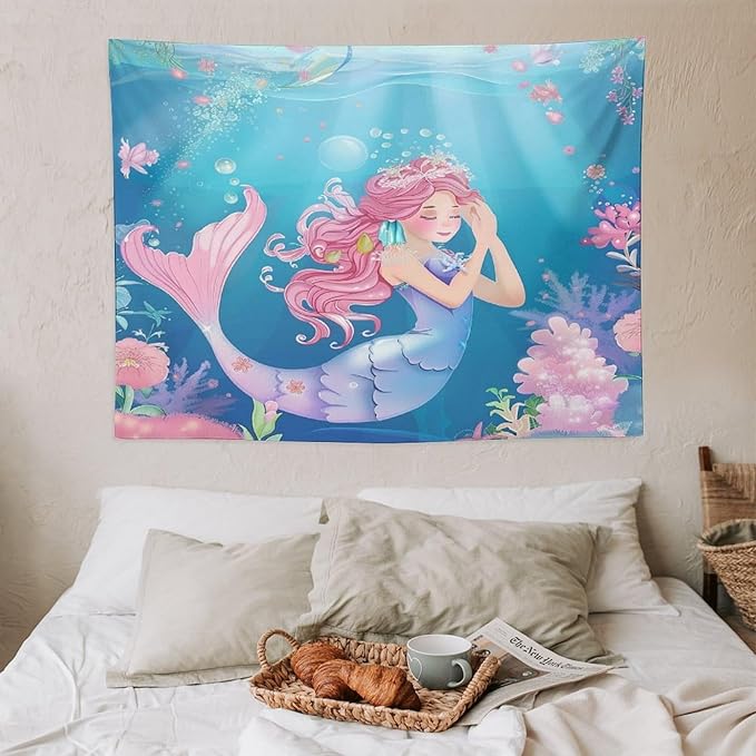 HZOHNAGO Mermaid Girls Tapestry Watercolor Flowers Mermaid Princess Blessing Pattern for Kids Room Decoration Printed Wall Tapestry Wall Hanging for Bedroom Living Room Dorm 40" W x 30" H-Ruum Studio Home