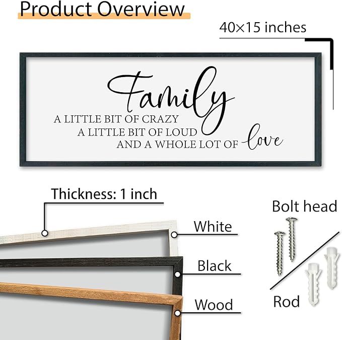 SRSZHIYUE Family A Little Bit Of Crazy Loud Sign Wall Decor Art 40"×15" Large Wood Framed Wall Hanging (Black)-Ruum Studio Home
