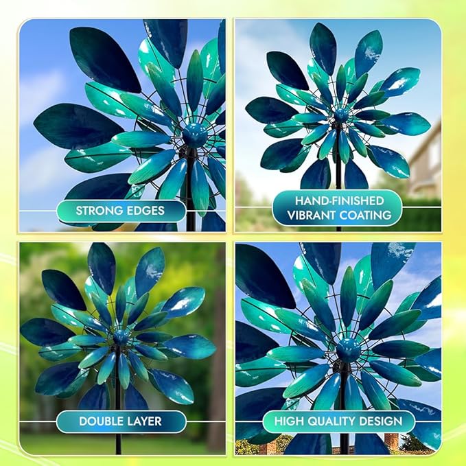 Large Wind Spinners - Decorative Garden Whirligigs - Durable Metal Flower Art - Ideal for Yard Decor and Gifts - Outdoor Accessories - Designed for Patios & Landscapes Blue 24"W x 84"H-Ruum Studio Home