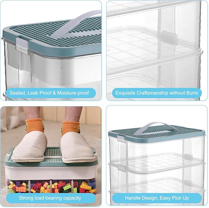 Toys Organizer Storage Case for Lego Box Kids Toy Stackable Building Blocks with Lids Bins Adjustable Lego Storage Containers Plastic Toy Box Green 2 Layers-Ruum Studio Home
