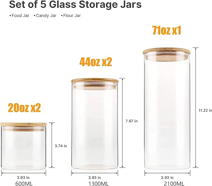 YUNCANG Glass Storage Jars [Set of 5],Clear Glass Food Storage Containers with Airtight Bamboo Lid Stackable Kitchen Canisters for Candy,Cookie,Rice,Sugar,Flour,Pasta,Nuts and Spice Jars-Ruum Studio Home