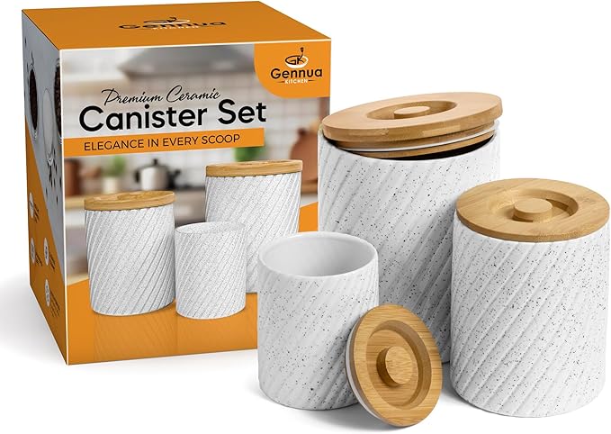 Ceramic Canister Set for Kitchen Countertop & Pantry – 3 Airtight Food Storage Containers for Flour, Sugar & More – Durable White Ceramic with Bamboo Lids-Ruum Studio Home