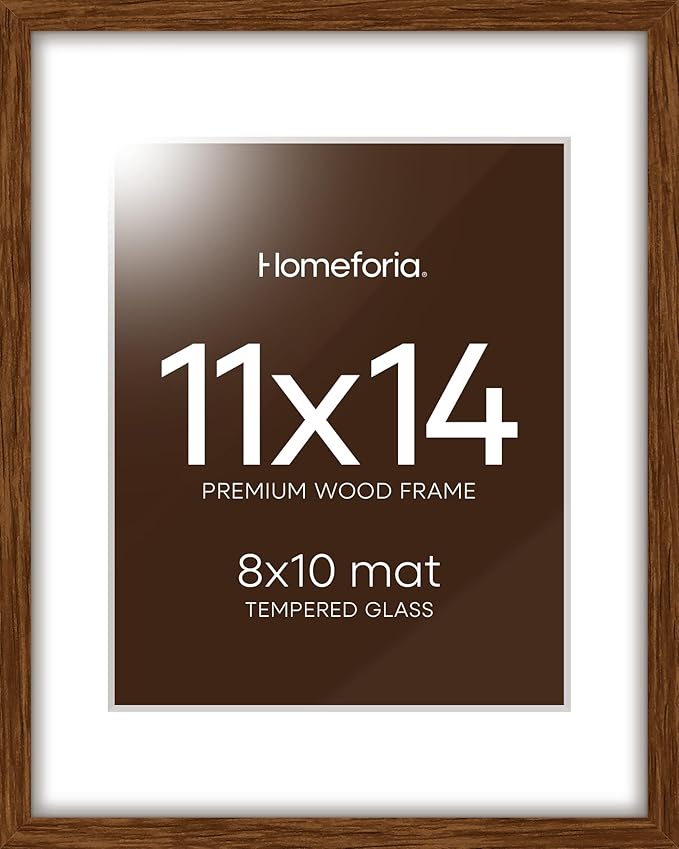 Homeforia 11x14 Brown Picture Frame, High End Dark Oak 11x14 Walnut Poster Frame with Mat 8x10, 11 x 14 Wooden Frame Matted to 8 by 10 inch Photo, 14x11 Thin Frames, Tempered Glass, Wall Kit, Set of 1-Ruum Studio Home