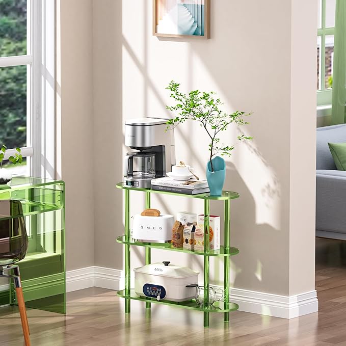 Clear Bookshelf, Acrylic Bookcase with Open Book Shelf Console Table for Entryway Office (3 Tier Green)-Ruum Studio Home