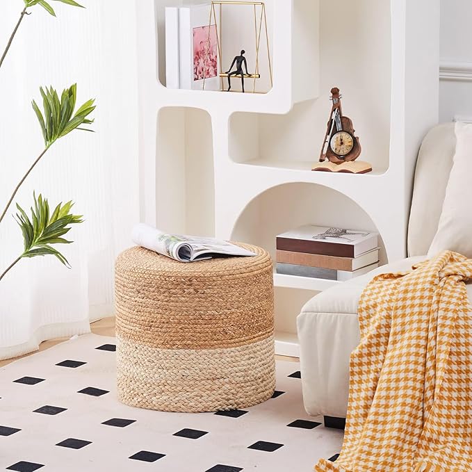 Wimarsbon 18'' Pouf Ottoman, Natural Braided Poof, Round Poufs, Rustic Handweave Lounge Pouffe, Boho Footrest Stool for Bedroom, Accent Table or Seat for Patio, Living Room-Ruum Studio Home