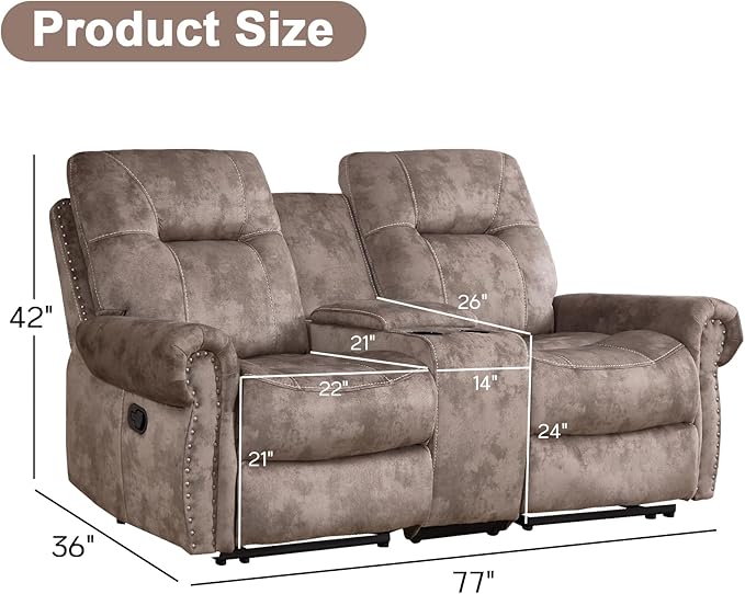 EBELLO Manual Recliner Loveseat Sofa, 2 Seater Reclining Couch Chair with Center Console, Hidden Storage and Cup Holders, Vintage Rivet Mid-Century Design for Living Room, Meeting Room, Brown-Ruum Studio Home