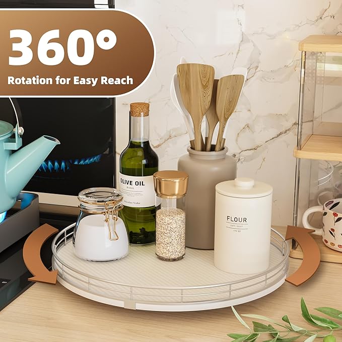 13" Lazy Susan Turntable Organizer for Table Top, Round Wooden Lazy Susan for Cabinet Kitchen Decor Centerpieces Coffee Table, Storage Condiments Spices, Bathroom Vanity Tray for Soap, White-Ruum Studio Home