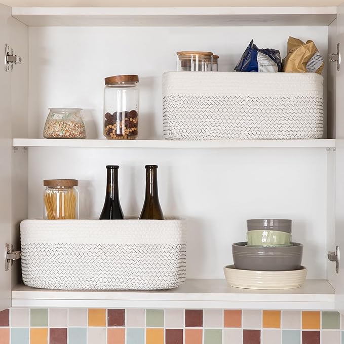 Storage Baskets for Organizing 3 Pack, Woven Baskets for Shelves, Closet Organizer Bins Empty Gift Basket Toy Storage for Toys, Books, Towels, Clothes, 15"x11.42"x6.7", White & Black-Ruum Studio Home