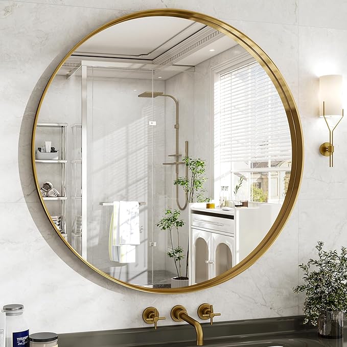 48 Inch Round Bathroom Mirror - Wall Mounted Circle Mirror with Metal Frame, Modern Mirror Suitable for Bathroom, Vanity, Entryway, Living Room, Wall Decor,Gold-Ruum Studio Home
