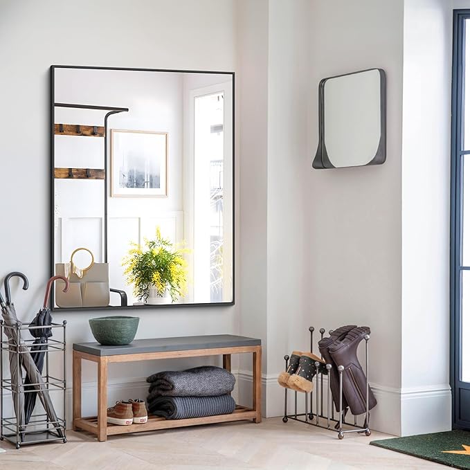 Black Bathroom Mirror, 48"X36" Rectangle Mirrors for Wall Metal Frame, Modern Vanity Wall Mirror for Bathroom Living Room, Entryway Hangs Horizontal or Vertical-Ruum Studio Home