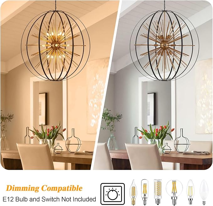 43.3" Black Gold 18-Light Globe Sputnik Chandelier Modern Adjustable Hanging Ceiling Firework Pendant Light Fixture for Entryway Foyer Stairway Kitchen Dining Living Room Hallway-Ruum Studio Home