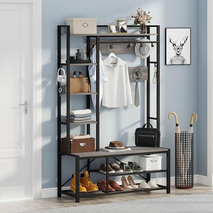 BON AUGURE Hall Tree with Bench and Shoe Storage, Entryway Bench with Coat Rack, Wooden Metal Coat Tree with Hooks, 5 in 1 Multifunctional Shoe Benches and Wall Rack (Dark Gray Oak)-Ruum Studio Home