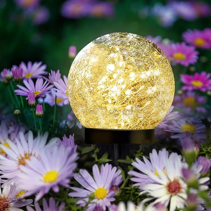 Solar Garden Lights Outdoor Waterproof, 4 Pack Cracked Glass Ball Light, Ground Landscape Garden Decor, Solar Globe Decorative for Pathway/Patio/Lawn/Yard (Warm White, 4.7")-Ruum Studio Home