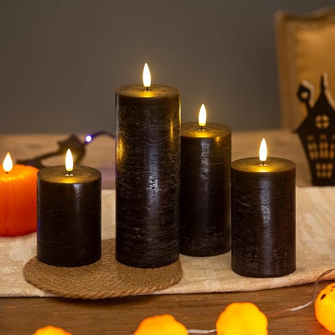 Halloween Flameless Candles, 4 Pack Battery Operated Halloween Candles with Remote, Wax LED Fake Pillar Candles Fireplace/Shelf Decor D3 H 5" 6" 7" 9" Black-Ruum Studio Home
