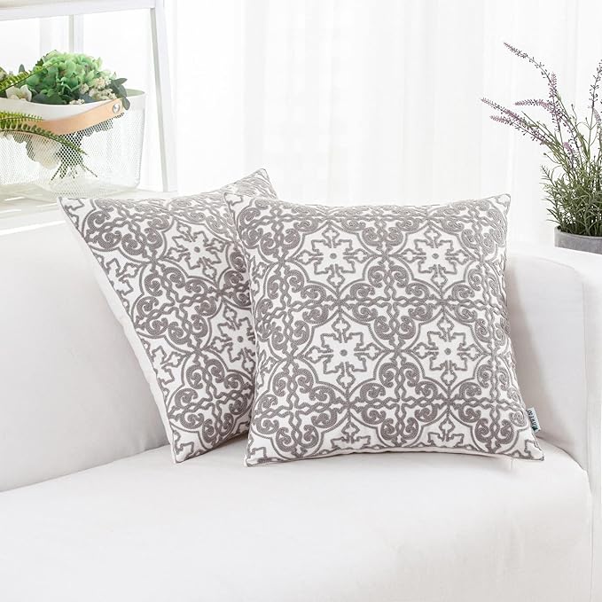 HWY 50 Grey Gray Decorative Throw Pillow Covers 18x18 Inch, Pack of 2 Embroidered Cotton Farmhouse Cushion Cover Pillow Case for Sofa Couch Living Room Bed Bedroon, Modern Pattern-Ruum Studio Home