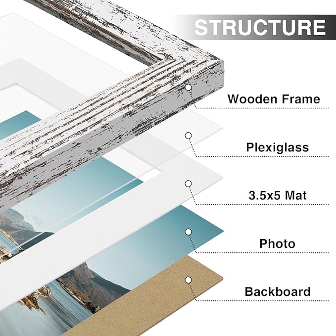 Vittanly 4x6 Picture Frames Set of 9, Shatter Resistant Plexiglass, Display 3.5x5 Pictures with Mat or 4x6 without Mat, Photo Frames for Wall or Tabletop, Engineered Wood, Distressed White-Ruum Studio Home